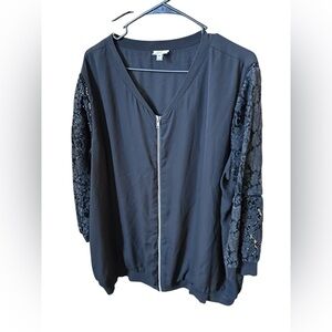 Black Lace Sleeve Zip-Up Bomber Jacket- 2X